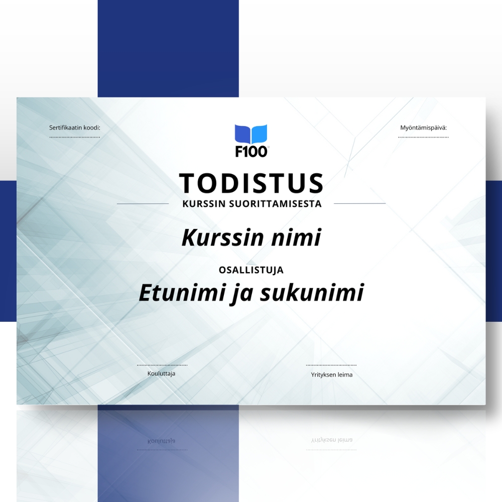 Certificaatsjabloon f100 onlinecursussen in het Fins