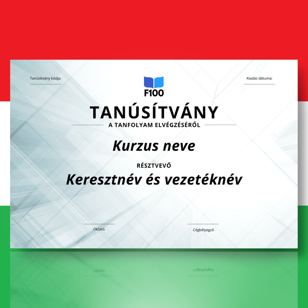 Certificaatsjabloon f100 onlinecursussen in het Hongaars